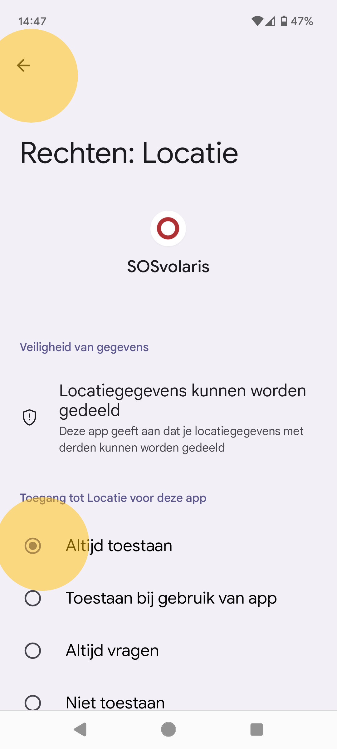 Locatie activeren altijd met terug SOSvolaris app