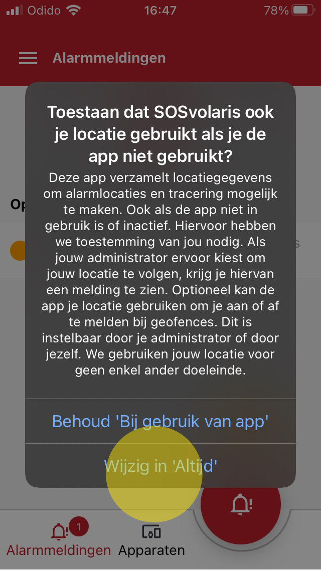 Locatie altijd SOSvolaris app iOS